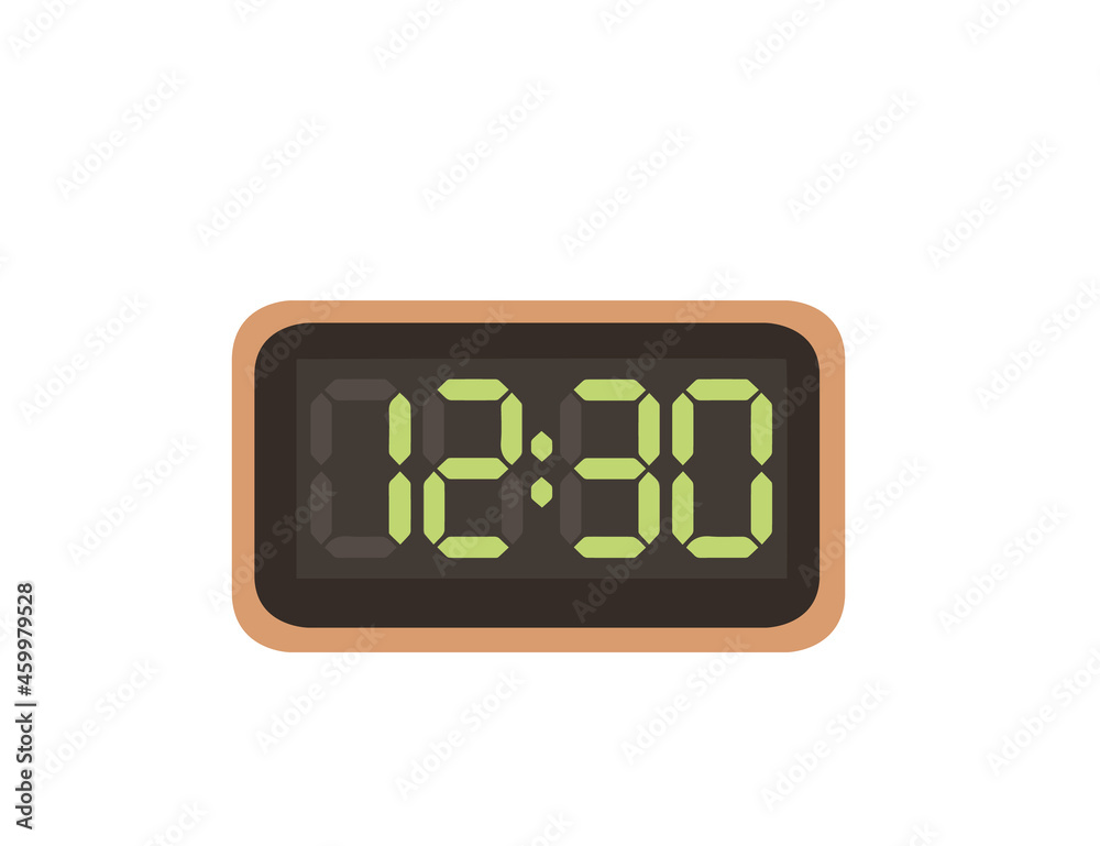 Modern alarm clock with digital display and green numbers vector illustration on white background Modern alarm clock with digital display and green numbers vector illustration on white background