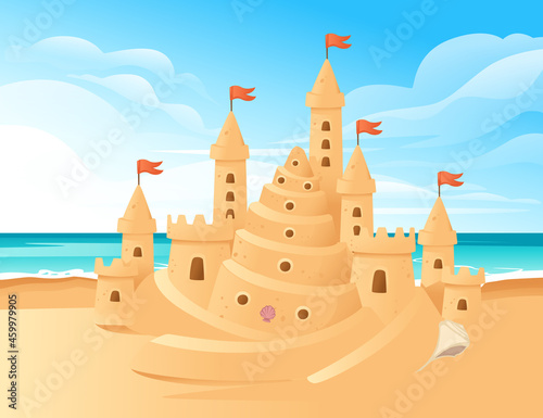 Sandcastle on the beach happy childhood hobby building vector illustration with beachside and clear sky