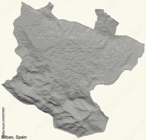 Topographic positive relief map of the city of Bilbao, Spain with black contour lines on beige background