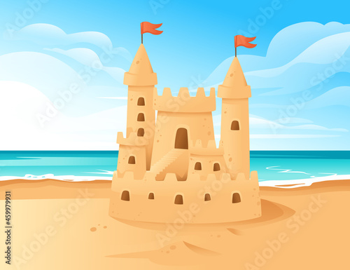 Sandcastle on the beach happy childhood hobby building vector illustration with beachside and clear sky