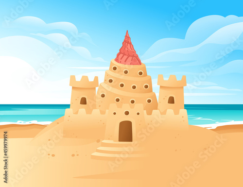 Sandcastle on the beach happy childhood hobby building vector illustration with beachside and clear sky