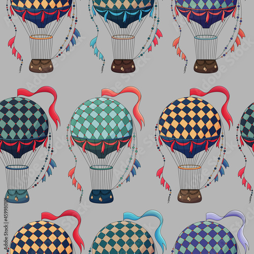 Vintage hot air balloon pattern. Different balloon aerostat print. Color air balloons texture. Large bag filled with hot gas and basket.
Flying transport. Hand drawn vintage style flight airship. 