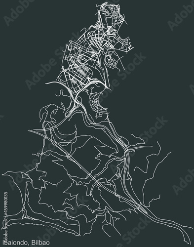 Detailed negative navigation urban street roads map on dark gray background of the quarter Ibaiondo district of the Spanish regional capital city of Bilbao  Spain