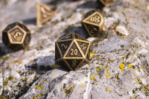 Close-up of a metallic d20