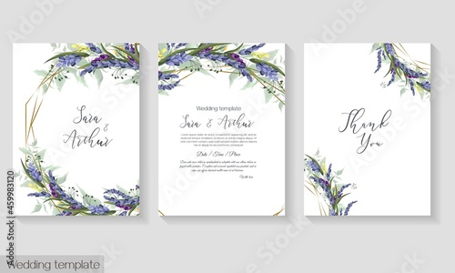 Floral vector template for wedding invitation. Lavender, green leaves, circular polygonal gold frame. Vector invitation set.
