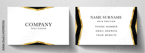 Business card with luxury abstract black and gold triangle pattern on white background. Formal premium template for invitation design, Gift card, voucher or luxe name card