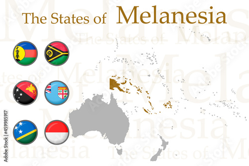 A set of Melanesian flags on a white background. Vector image of the flags of the states and dependent territories of Melanesia. For a website, brochures, banners, booklets, leaflets, travel guides. photo