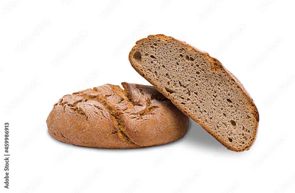 Bread cut in half, isolated on a white background.