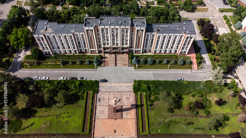 Aerial view of Tiraspol parliament with Lenin statue in an unrecognised communist country Transnistria in Moldova 