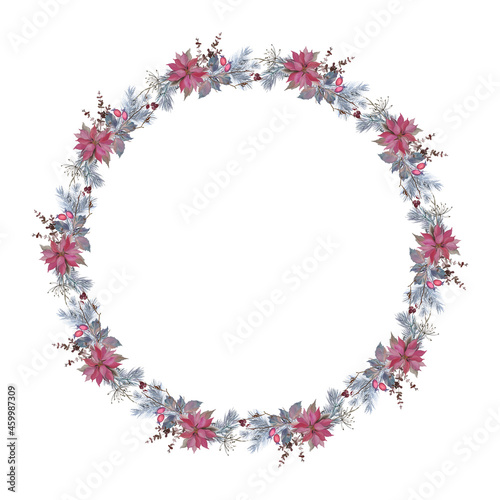 Winter Christmas wreath with branches and flowers