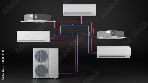 multisystem use of different types of indoor units of the air conditioner. 3d render (Black background) photo