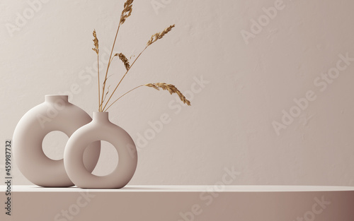 Minimalist interior decor with ceramic vase and dry plant, minimal boho neutral 3d rendering aesthetic background photo