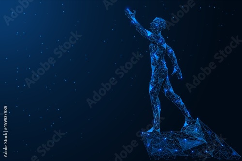 A man stands on the peak of a cliff and looks up. A low-poly construction of interconnected lines and dots. Blue background.
