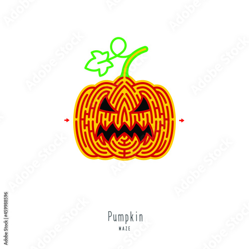 Abstract maze pumpkin. Game for children and parents. Puzzle for kids. Labyrinth conundrum. Flat vector illustration isolated on white background. One Entrance, One Exit. Cartoon style.