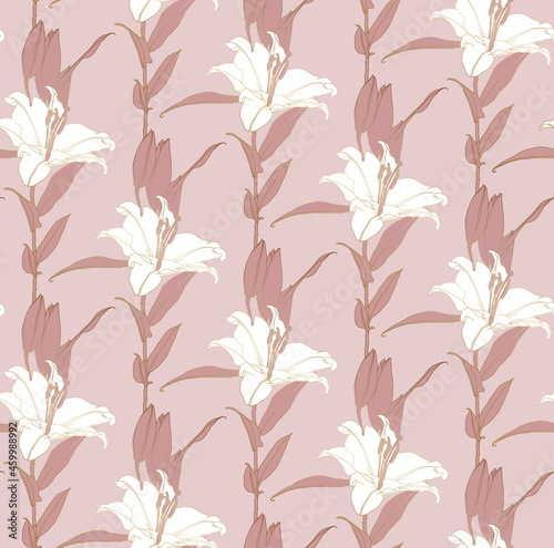 Floral seamless pattern of white and tuscany color lily flowers with bronze outline. Decorative print for wallpaper, wrapping, textile, fashion fabric or other printable covers.