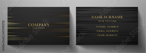 Business card with luxury line pattern in gold, black color on black background. Formal premium template for invitation design, Gift card, voucher or luxe name or credit card