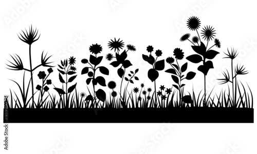Grass, leaves and flowers, silhouettes svg vector illustration