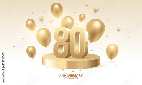 80th Anniversary celebration background. 3D Golden numbers on round podium with confetti and balloons. photo