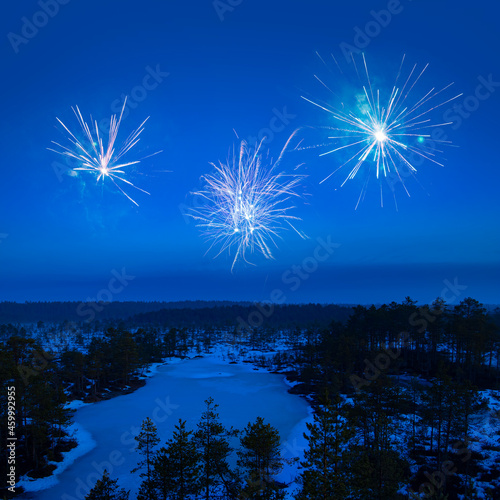 New Year s Eve fireworks card in the blue night sky above winter forest aerial with copy space
