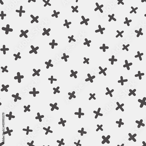 Vector seamless pattern. Abstract background with brush strokes cross. Monochrome hand drawn print with hipster X. Trendy monochrome texture with pluses or crosses  simbols of kisses. hand drawing