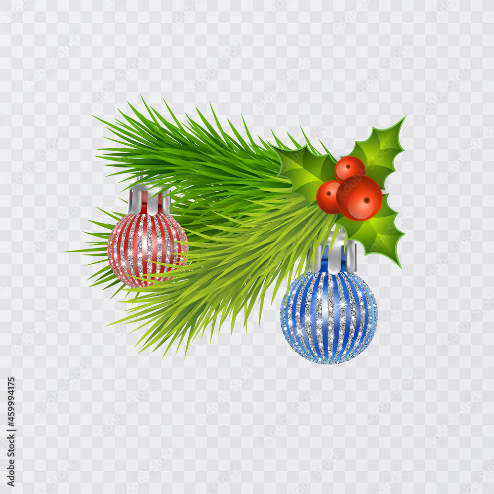 Holiday's Background with Season Realistic Christmas Tree Branches Decorated with Berries and christmas tree toys