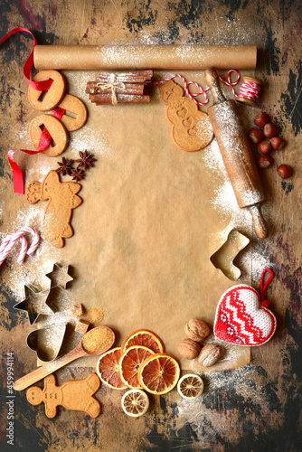 Christmas baking background. Top view with copy space. photo