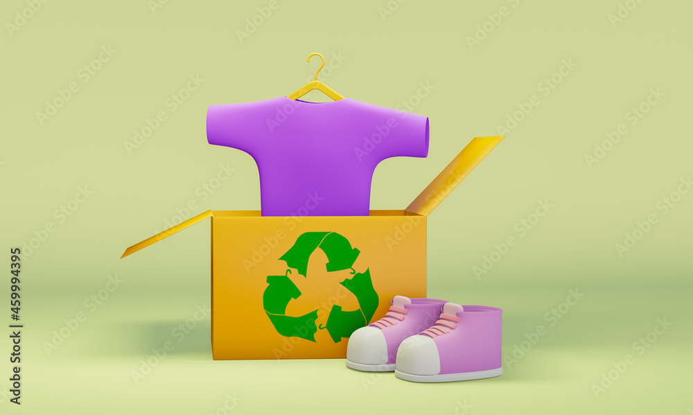 recycle clothes symbol on box with shoes and shirt on hanger, 3d illustration, swap donate clothes and shoes for sustainable fashion recycle clothes symbol on box with shoes and shirt on hanger, 3d illustration, swap donate clothes and shoes for sustainable fashion