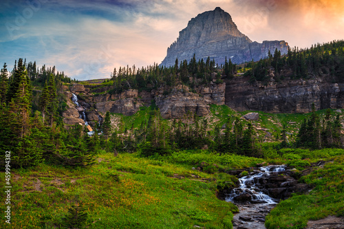 Sunset on Mt Oberlin and Falls on the Going-to-the-Sun Road, Glacier National Park, Montana photo