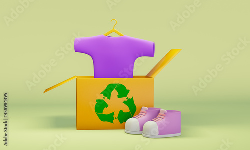 recycle clothes symbol on box with shoes and shirt on hanger, 3d illustration, swap donate clothes and shoes for sustainable fashion photo