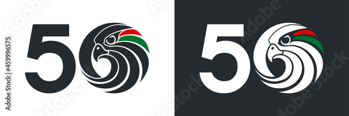50 UAE national day logo with falcon head icon in the UAE flag colors illustration banner. Sign of United Arab Emirates 2 December Spirit of the union 50 National day Anniversary Celebration Card 2021 photo