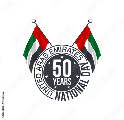 50th anniversary UAE national day logo with UAE flag and 7 stars illustration banner. Sign of United Arab Emirates 2 December Spirit of the union 50 years National day Celebration Card 2021 on white