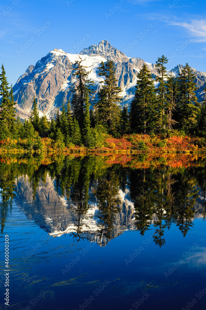 Mount Shuksan in North Cascades National Park reflects in Highwood Lake along SR 542 in Mount Baker Snoqualmie National Forest