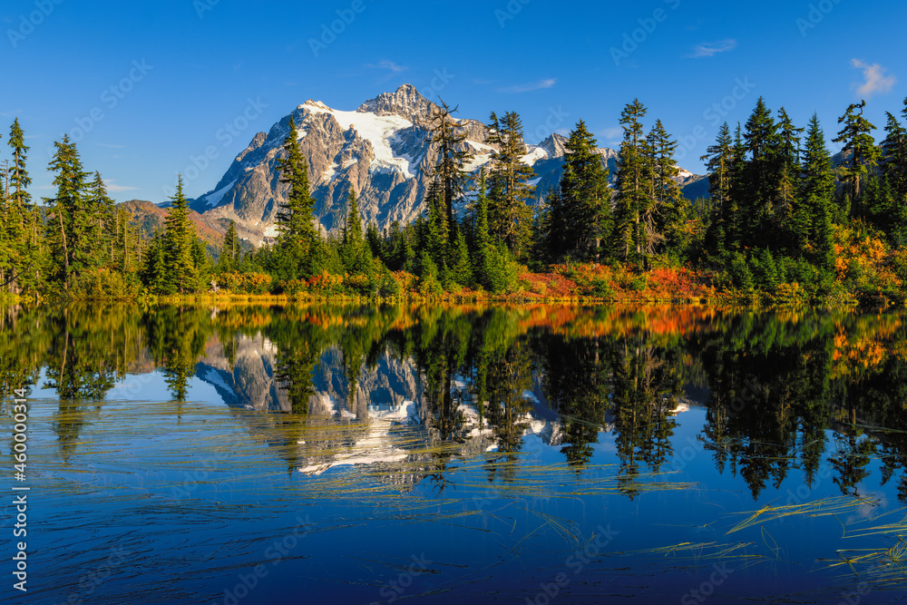 Mount Shuksan in the North Cascades National Park reflects in Highwood Lake with brilliant fall colors on the bank