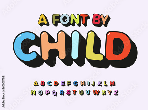 Child alphabet color abc playful font with contour for comic art type, kids zone text, toy logo, children birthday headline, cartoon lettering, kid game branding and merch, baby education letters