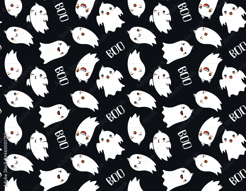 Naklejka premium Tiled, seamless, cute Kawaii Halloween character repeat print for background and textile design. Friendly ghosts.
