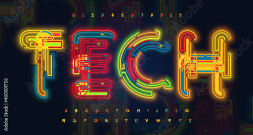 Neon light font, alphabet for hud, data and research. Bright luminous tube letters from contour line. Glowing letters set for cyber logo, computer tech headline. Futuristic vector typographic design