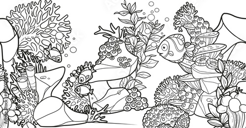 Horizontal seamless background from seabed and inhabitants  fishes, coral, anemones and seaweeds  linear drawing for coloring page