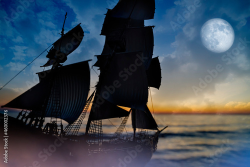 vintage pirate sailing ship at sea