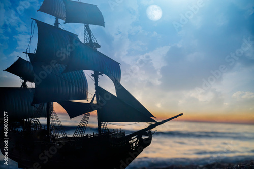 vintage pirate sailing ship at sea