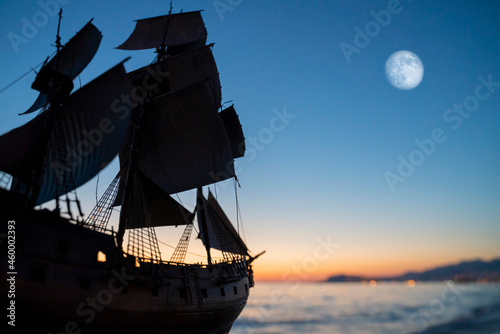 vintage pirate sailing ship at sea