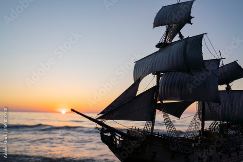 vintage pirate sailing ship at sea