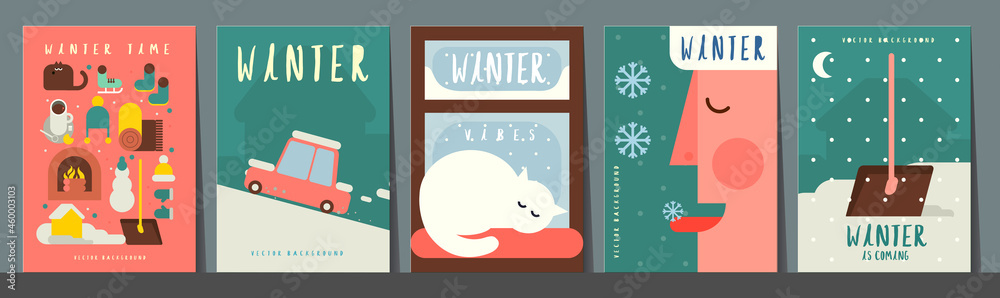 Winter time. Set of vector illustrations. Simple backgrounds. Funny pictures about winter vibe. Collection of banners. - obrazy, fototapety, plakaty 