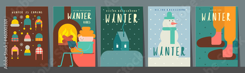 Winter time. Set of vector illustrations. Simple backgrounds. Funny pictures about winter vibe. Collection of banners.