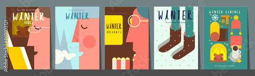 Winter time. Set of vector illustrations. Simple backgrounds. Funny pictures about winter vibe. Collection of banners.