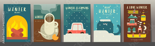 Winter time. Set of vector illustrations. Simple backgrounds. Funny pictures about winter vibe. Collection of banners.