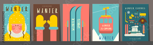 Winter time. Set of vector illustrations. Simple backgrounds. Funny pictures about winter vibe. Collection of banners.