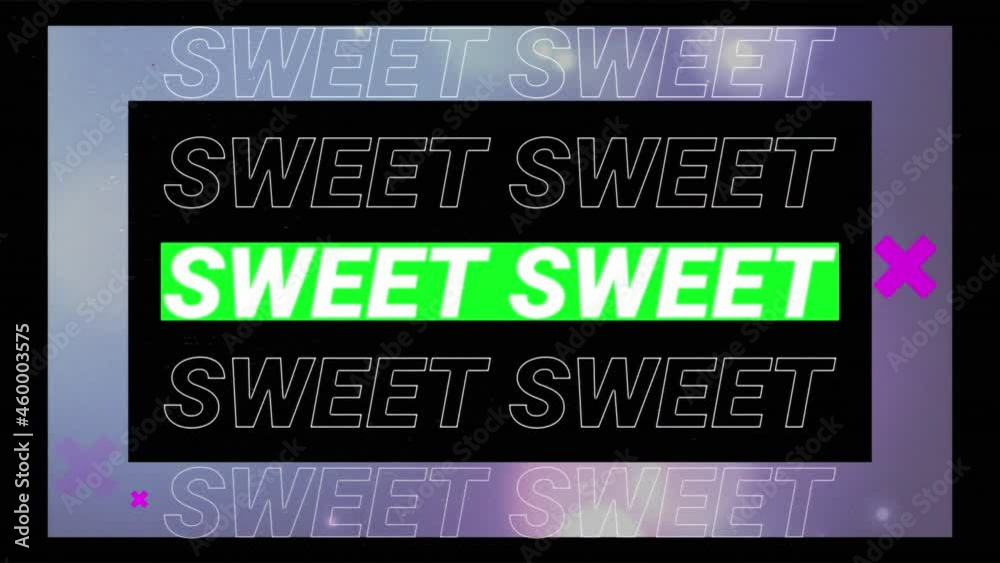 Animation of sweet in white text with pink crosses and green lines over glowing lights on lilac