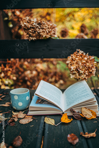 Book Pages Turning In The Autumn Wind, Close Up. Open book and cup of tea on an old deck covered with fallen yellow leaves. Cozy magical fall aesthetics. 