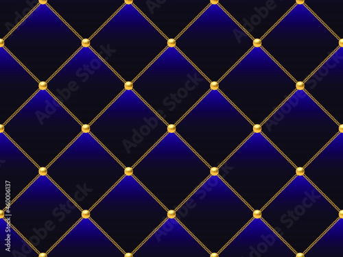 Blue luxury background with golden chains and beads. Vector illustration.