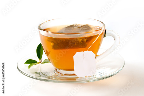 Cup of tea with tea bag isolated on white background.
